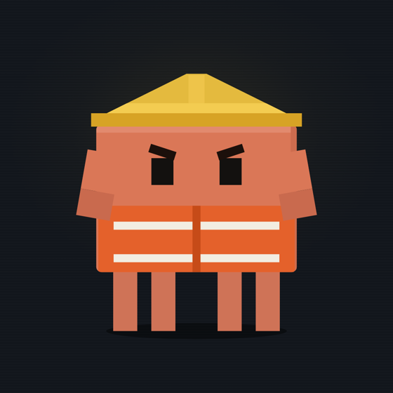 Otto, the Strangerproof inspector: an orange block figure in a yellow hard hat and a hi-vis vest.